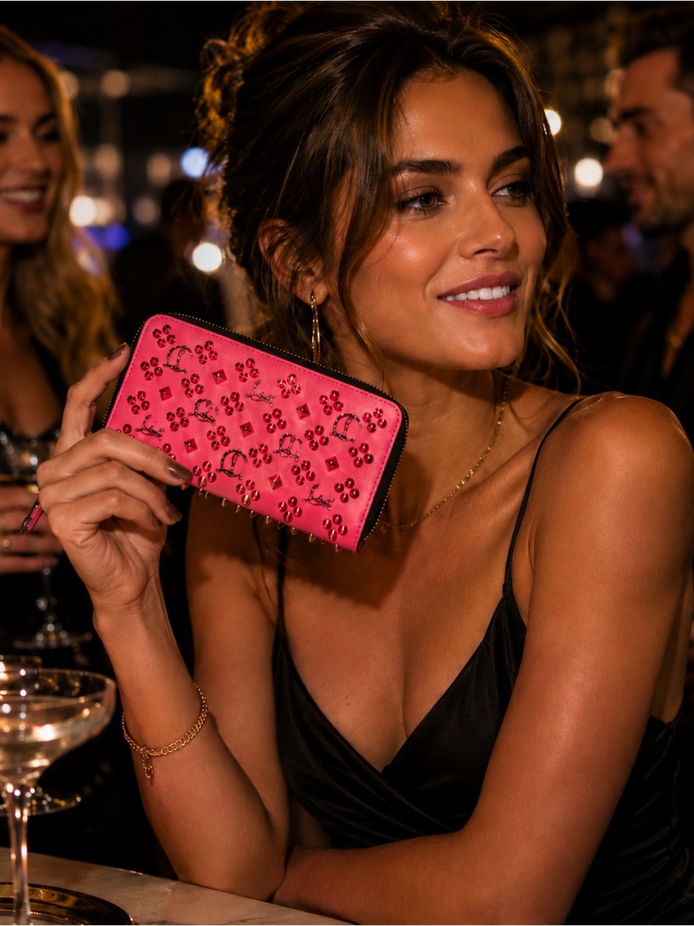Christian Louboutin Panettone Wallet Pink Leather Red Spikes Zip Long Wallet